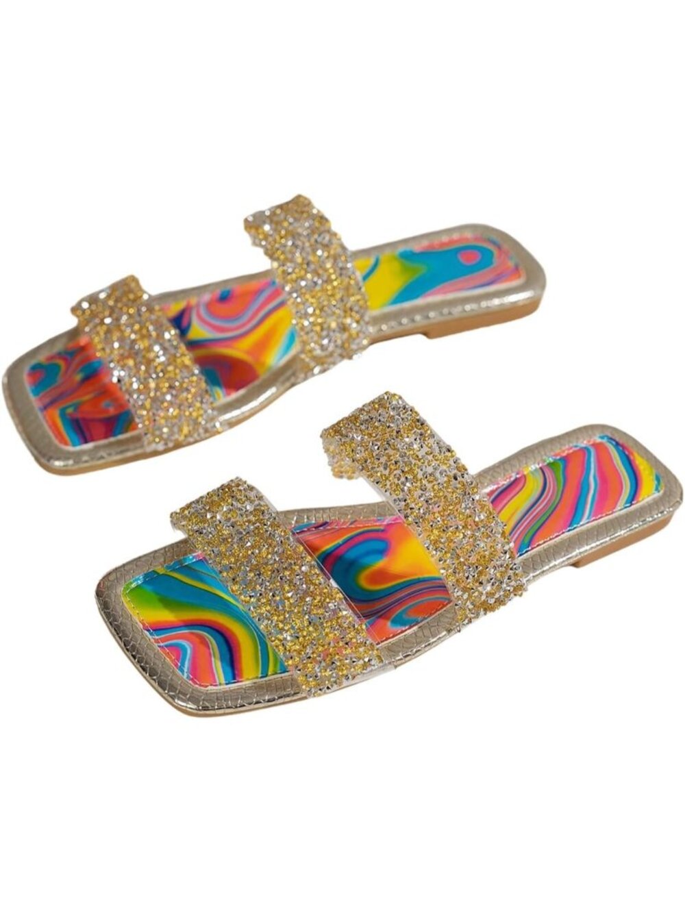 🆕Women's Gold Rhinestone Rainbow Flat Sandals Sparkly Bling Slides Glitter